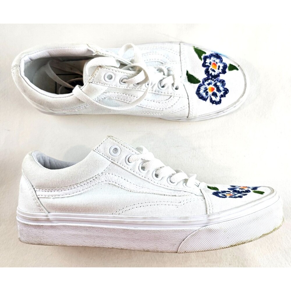 Vans Old Skool Womens 7.5 White Floral Hand Painted Canvas Sneakers Shoes Custom
